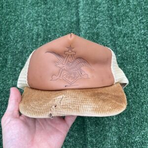 VTG Anheuser Busch Leather Snapback Hat Mesh Back Cap USA Made *For Repair 80s